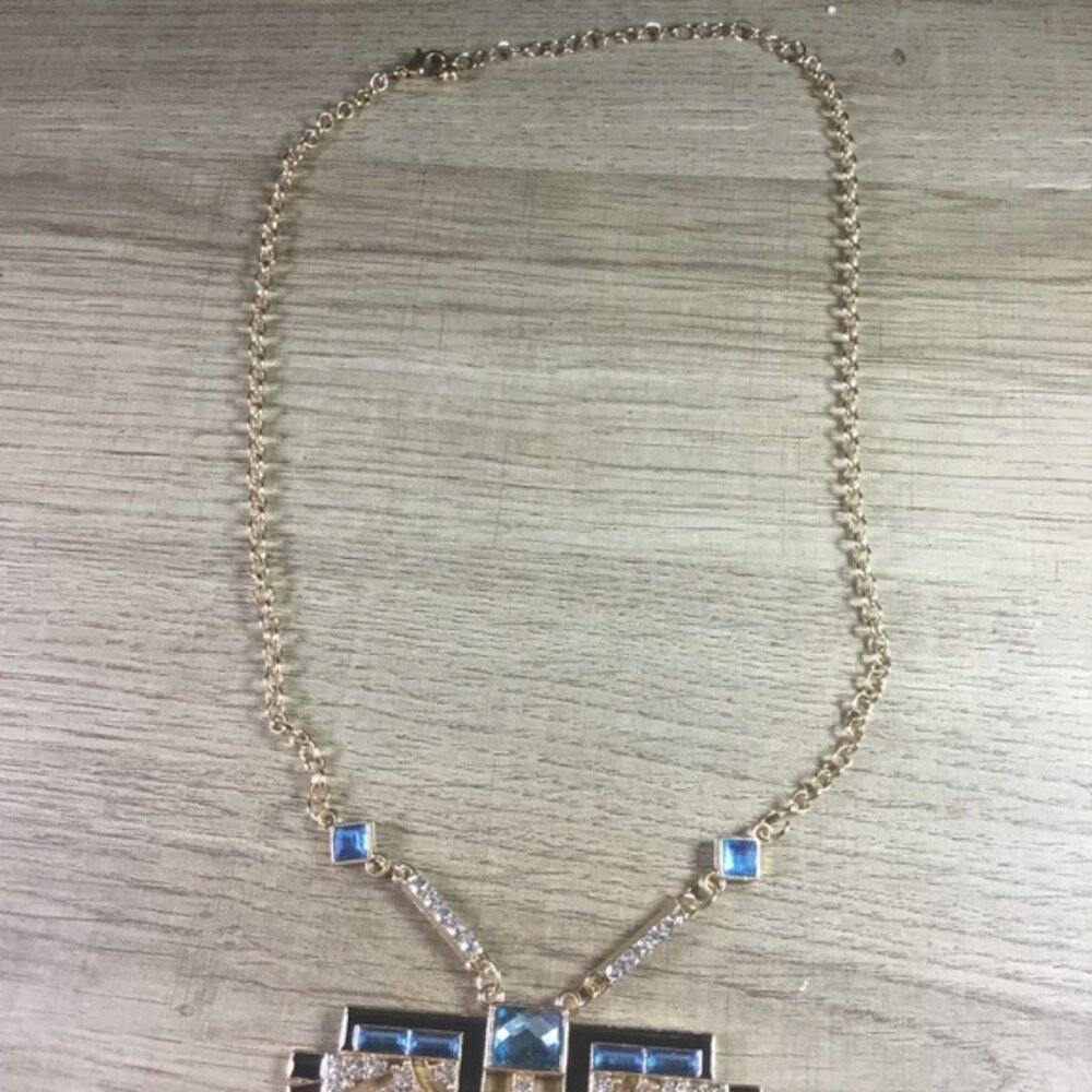 Bohemian Egyptian Elegant Blue and Gold Rhinestone Winged Statement Necklace - Picture 3 of 5